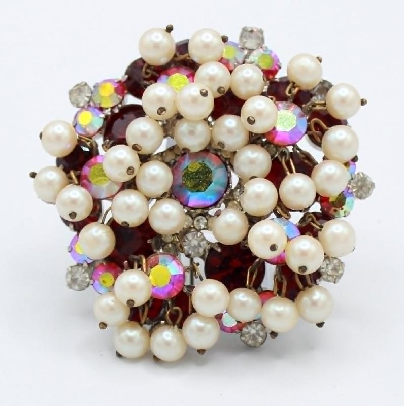 Front view of Red Chatons Only Pearl Brooch