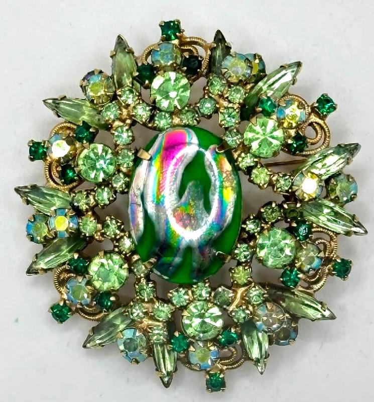 Front view of Green Cabochons Spotted Brooch