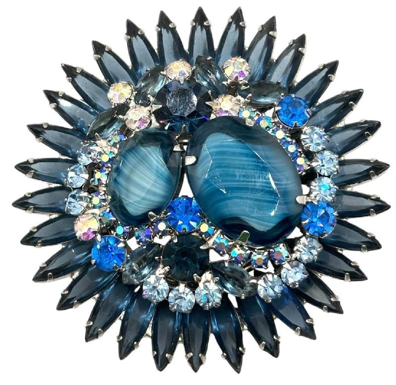 Front view of Blue Oval Striped Brooch