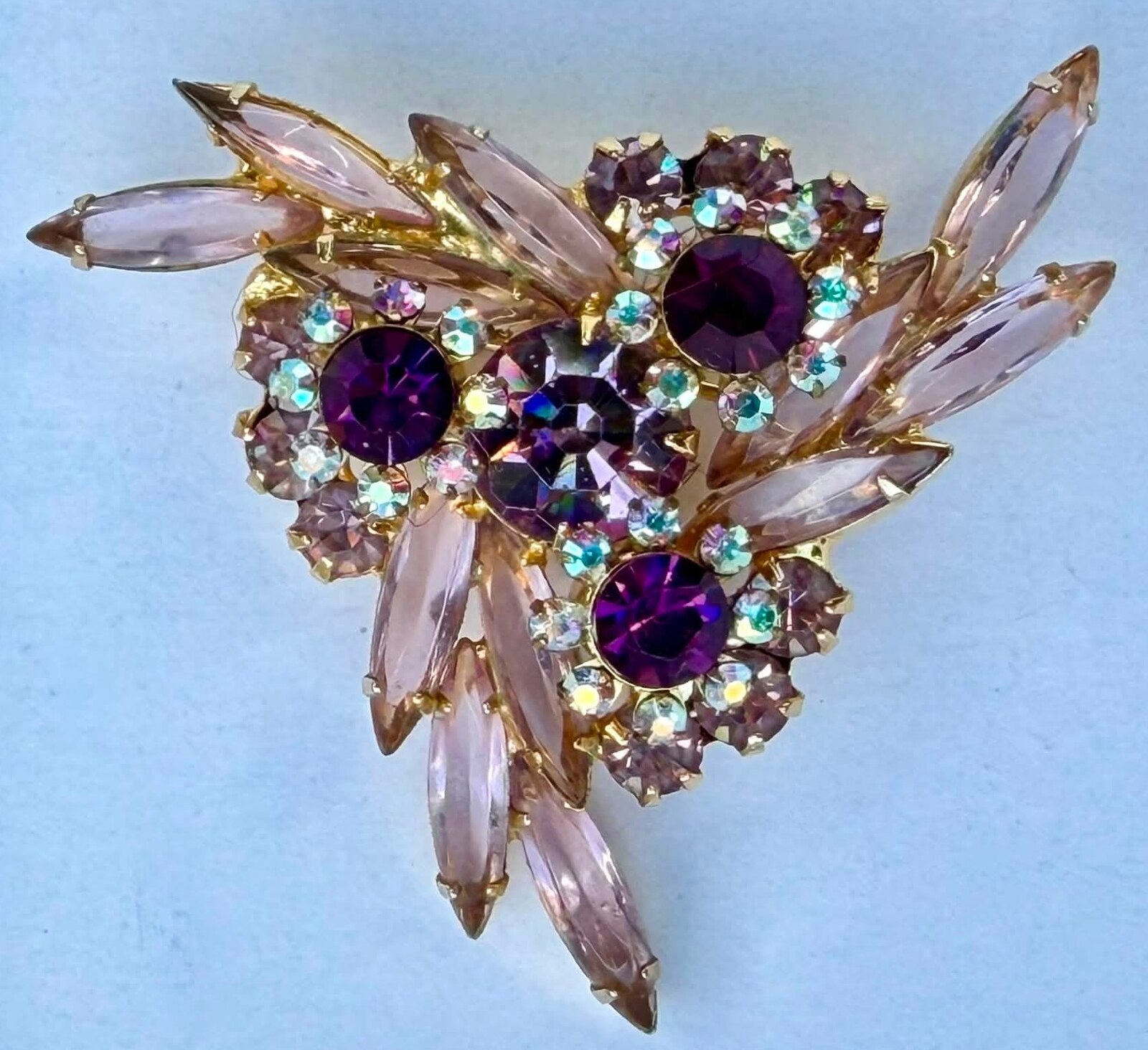 Front view of Purple (cardinal) Navettes Brooch
