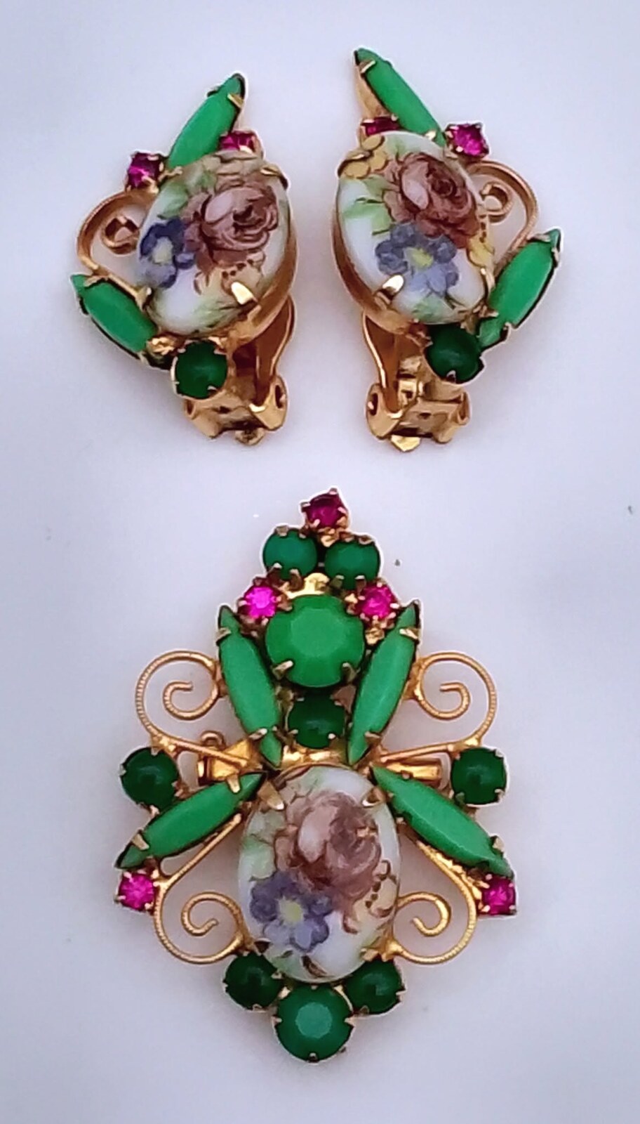 Front view of Green Cabochons Painted(Hand/Transfer) Earrings Clip