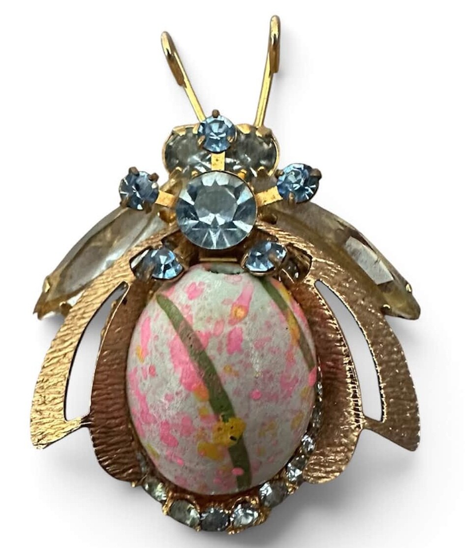 Front view of Blue Navettes Wood Brooch