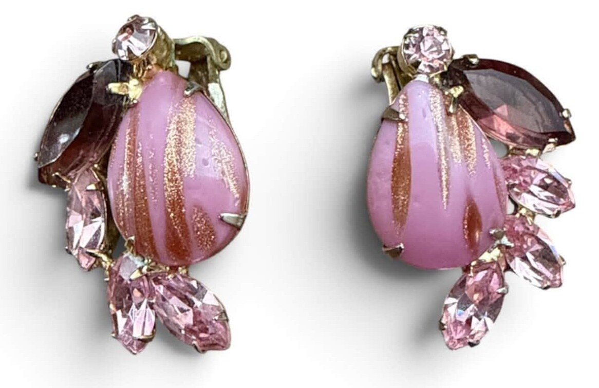 Front view of Pink Cabochons Striped Earrings Clip