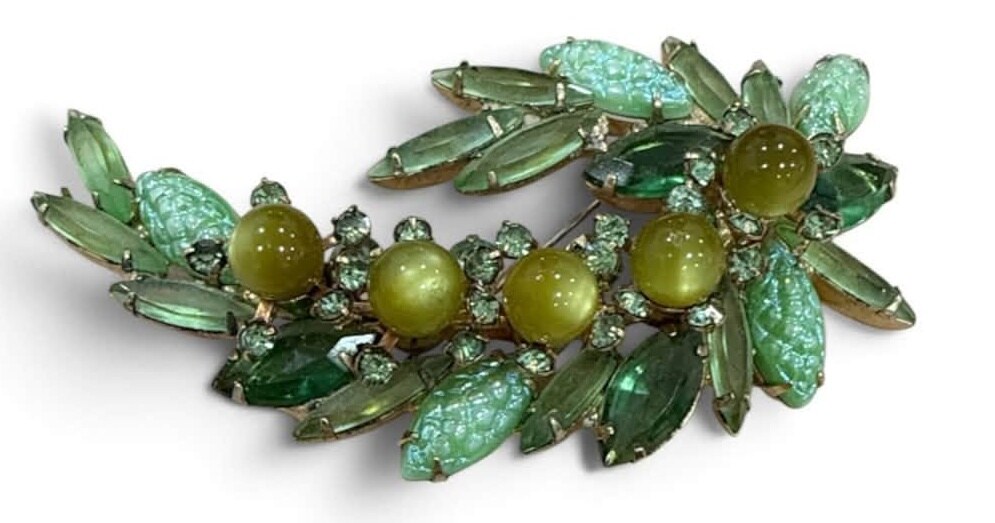 Front view of Green Cabochons Molded/Cut Brooch