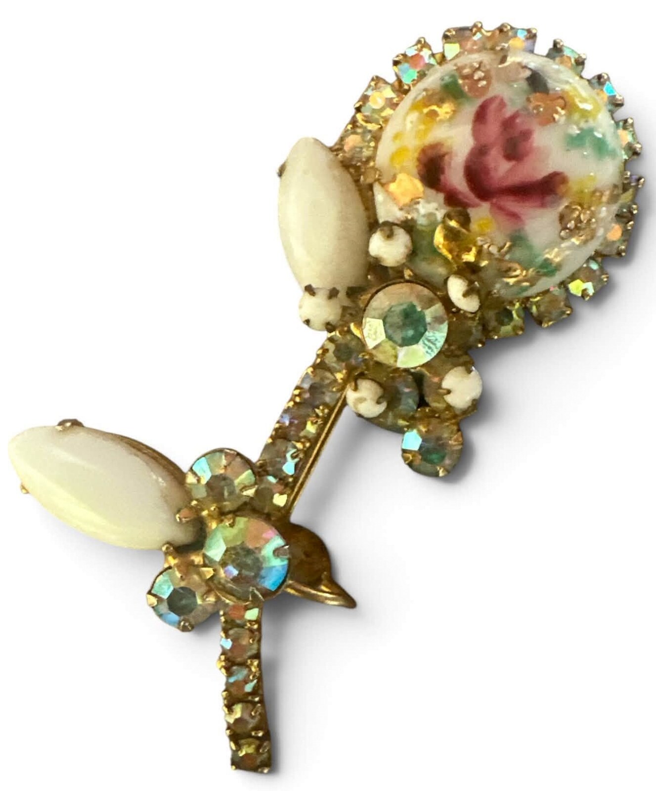 Front view of White (chalk Or Milk) Cabochons Painted (hand/Transfer) Brooch