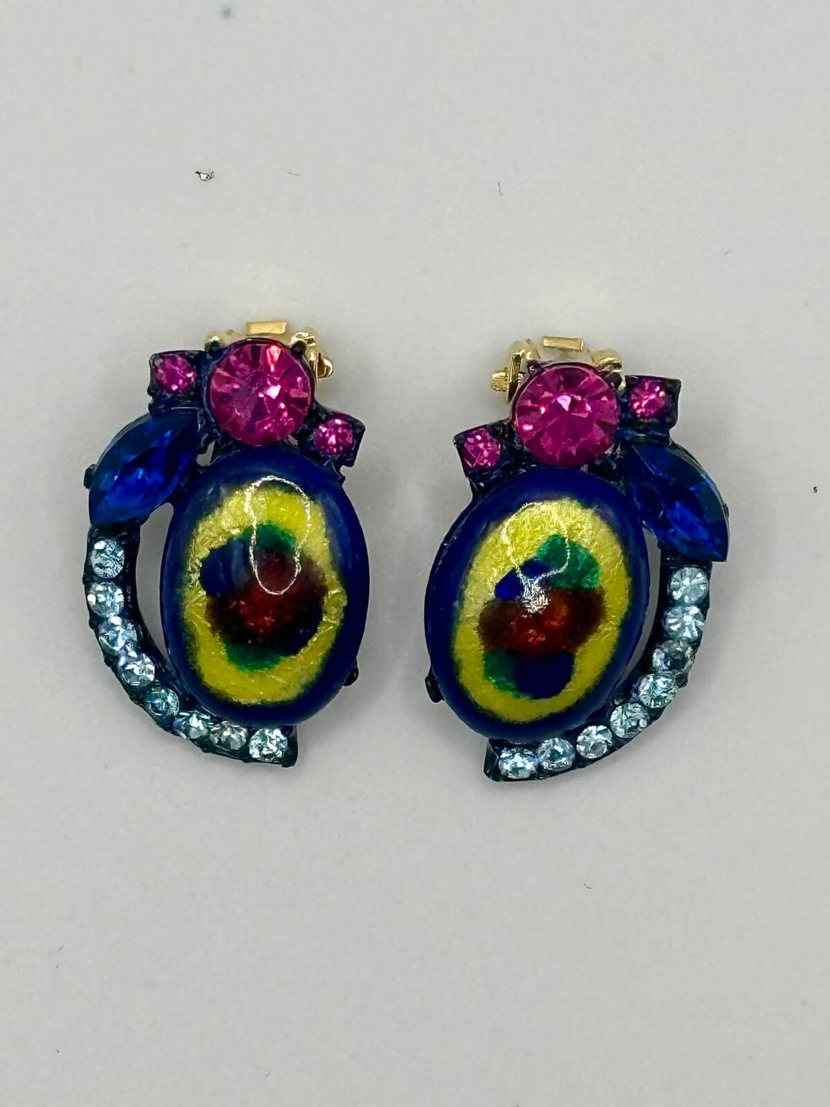 Front view of Blue Cabochons Painted (hand/Transfer) Earrings Clip