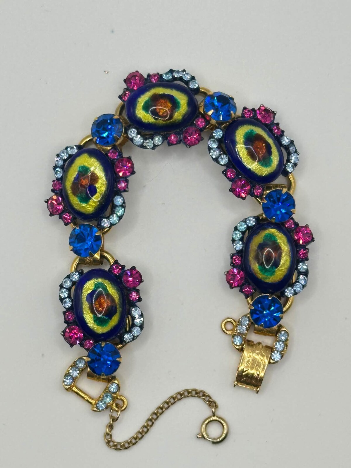 Front view of Blue Cabochons Painted (hand/Transfer) Bracelet 5 Link