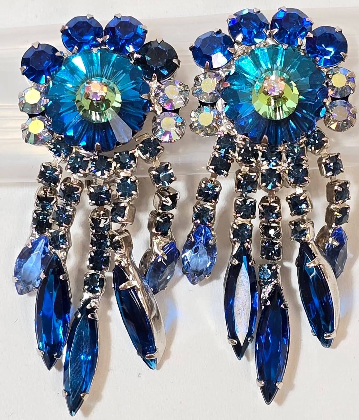 Front view of Blue Navettes Rivoli/Margarita Earrings Clip