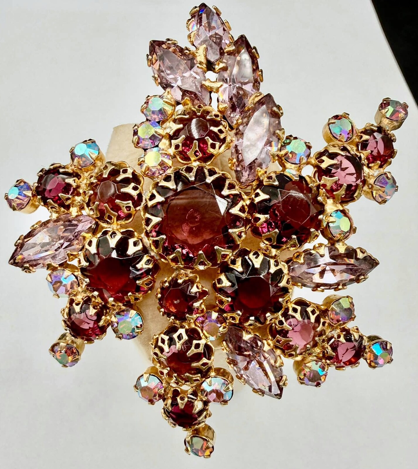 Front view of Purple (cardinal) Navettes Brooch
