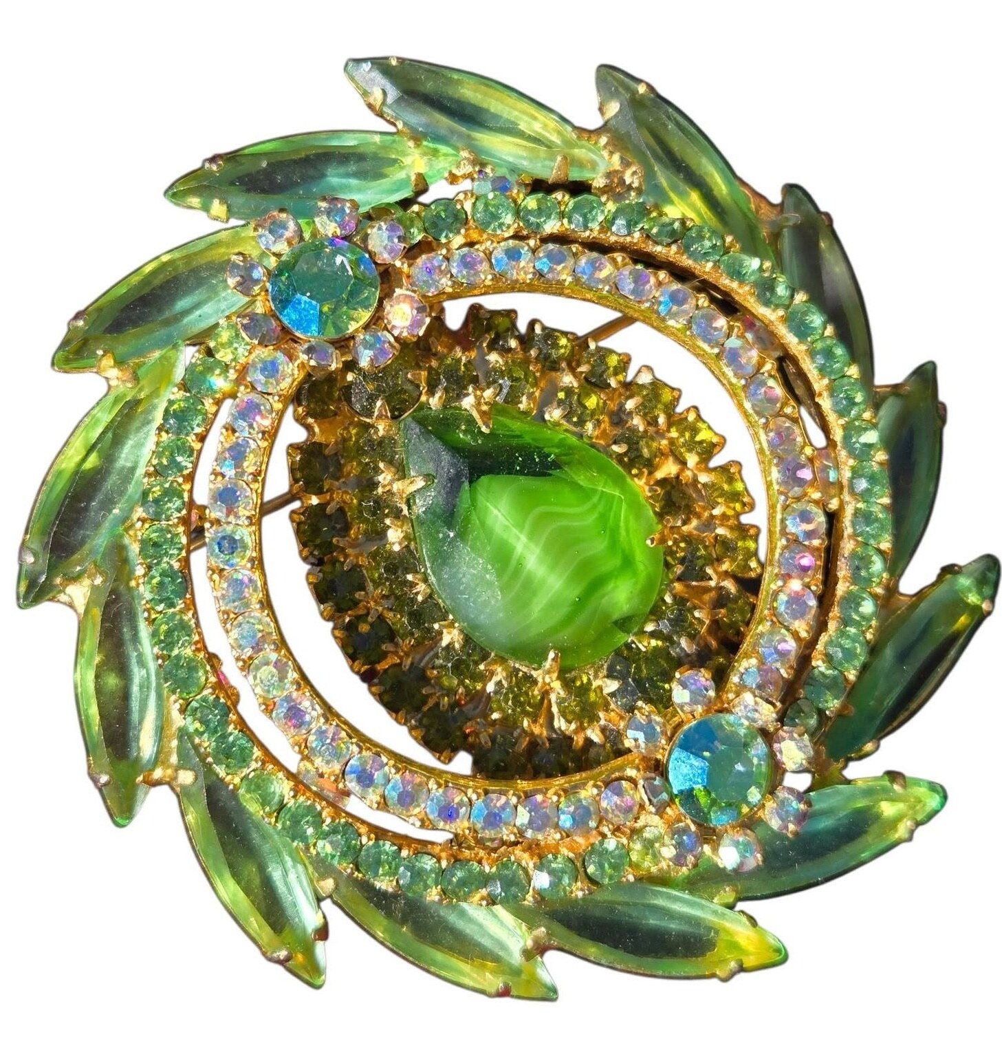 Front view of Green Pear Striped Brooch